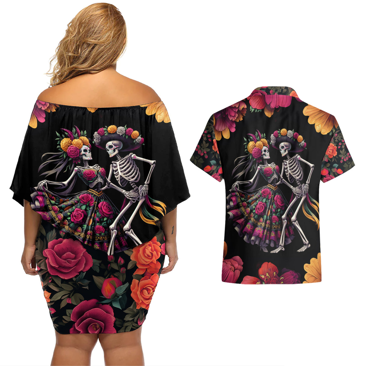 Day of Dead Couple Couples Matching Off Shoulder Short Dress and Hawaiian Shirt Sugar Skull Couple Dancing - Wonder Print Shop