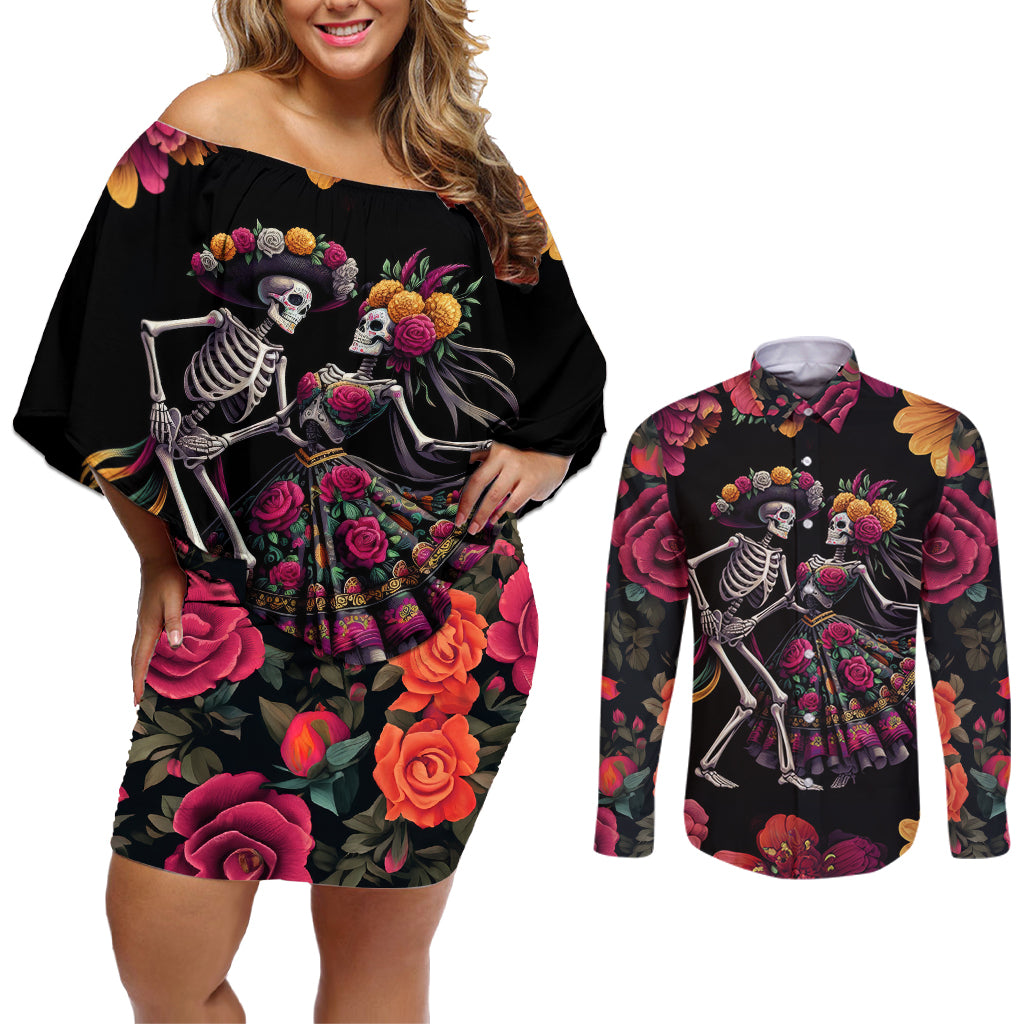 Day of Dead Couple Couples Matching Off Shoulder Short Dress and Long Sleeve Button Shirt Sugar Skull Couple Dancing - Wonder Print Shop