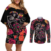 Day of Dead Couple Couples Matching Off Shoulder Short Dress and Long Sleeve Button Shirt Sugar Skull Couple Dancing - Wonder Print Shop