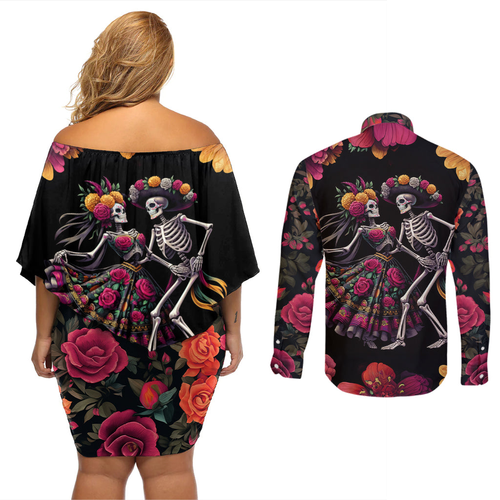 Day of Dead Couple Couples Matching Off Shoulder Short Dress and Long Sleeve Button Shirt Sugar Skull Couple Dancing - Wonder Print Shop