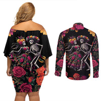 Day of Dead Couple Couples Matching Off Shoulder Short Dress and Long Sleeve Button Shirt Sugar Skull Couple Dancing - Wonder Print Shop