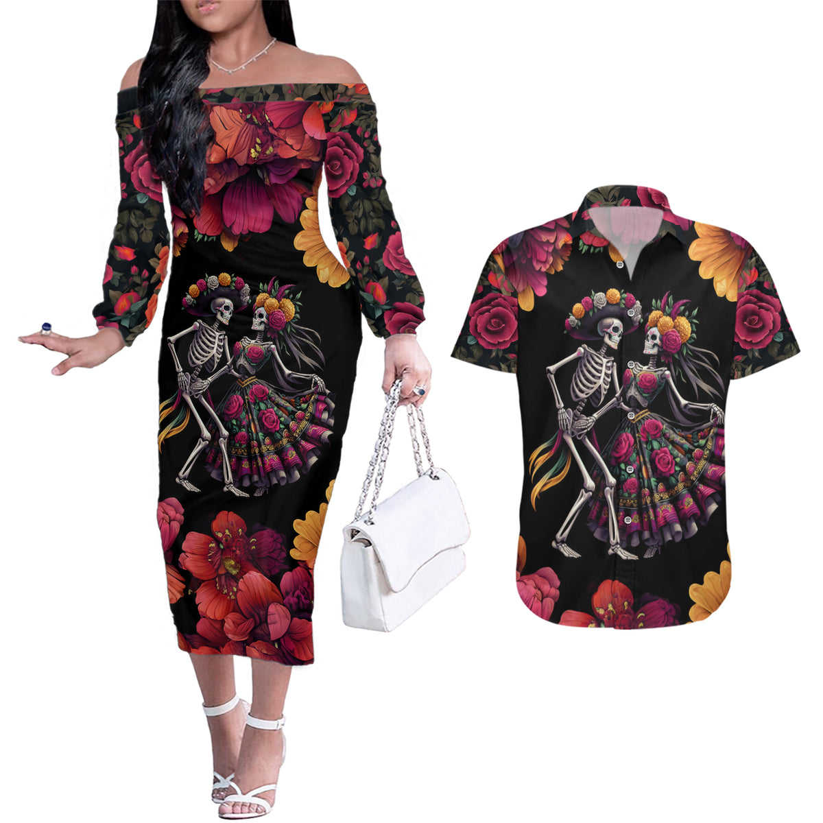 Day of Dead Couple Couples Matching Off The Shoulder Long Sleeve Dress and Hawaiian Shirt Sugar Skull Couple Dancing - Wonder Print Shop