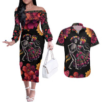 Day of Dead Couple Couples Matching Off The Shoulder Long Sleeve Dress and Hawaiian Shirt Sugar Skull Couple Dancing - Wonder Print Shop