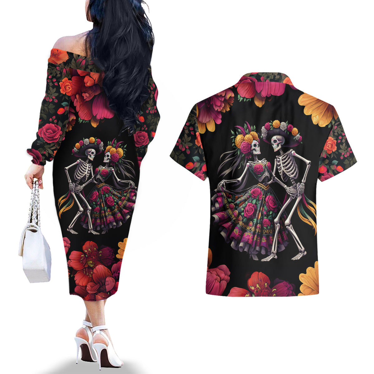 Day of Dead Couple Couples Matching Off The Shoulder Long Sleeve Dress and Hawaiian Shirt Sugar Skull Couple Dancing - Wonder Print Shop