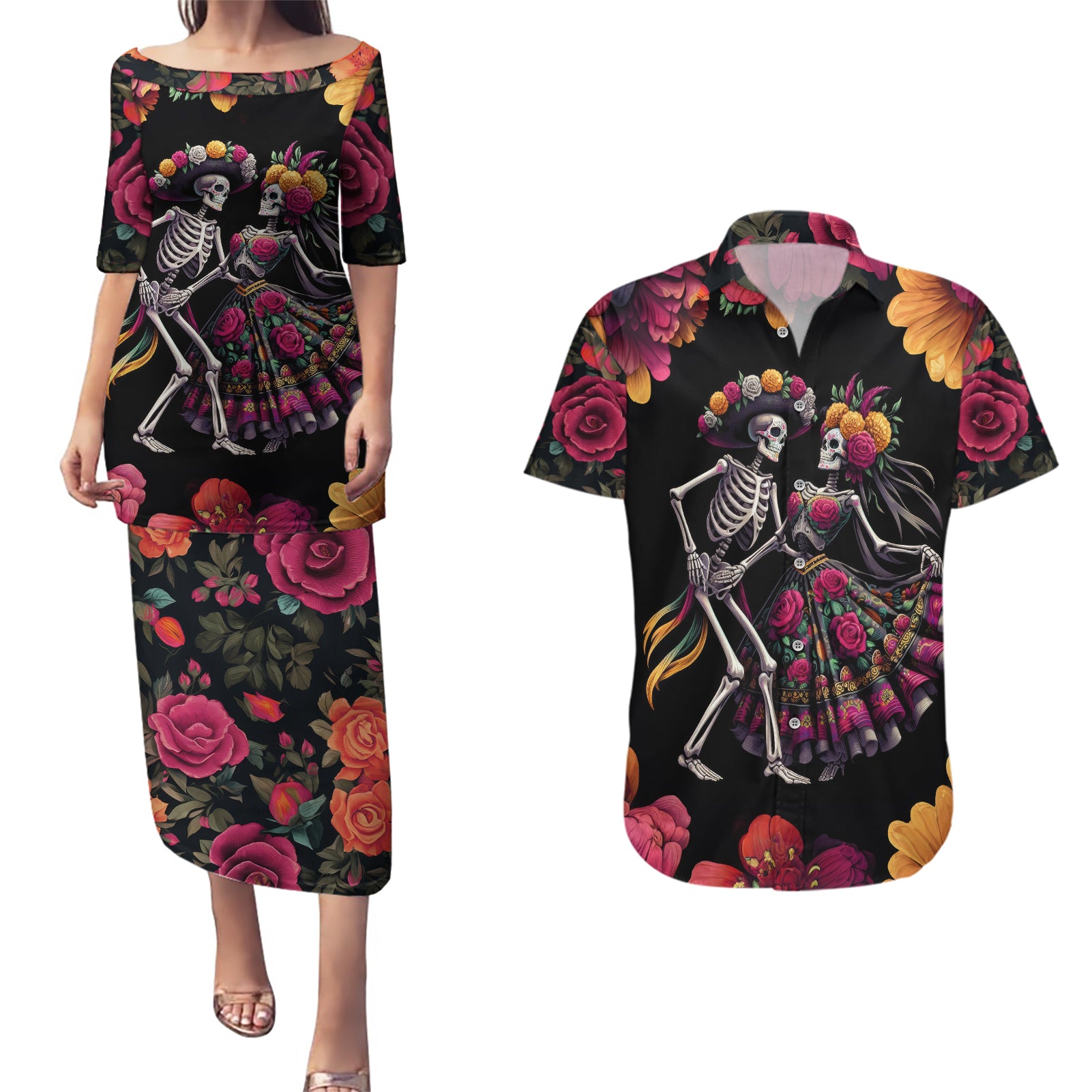 Day of Dead Couple Couples Matching Puletasi Dress and Hawaiian Shirt Sugar Skull Couple Dancing - Wonder Print Shop