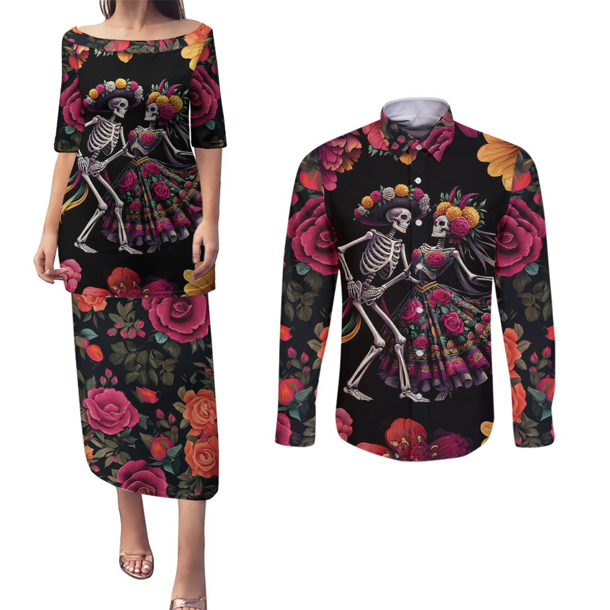 Day of Dead Couple Couples Matching Puletasi Dress and Long Sleeve Button Shirt Sugar Skull Couple Dancing - Wonder Print Shop
