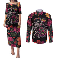 Day of Dead Couple Couples Matching Puletasi Dress and Long Sleeve Button Shirt Sugar Skull Couple Dancing - Wonder Print Shop