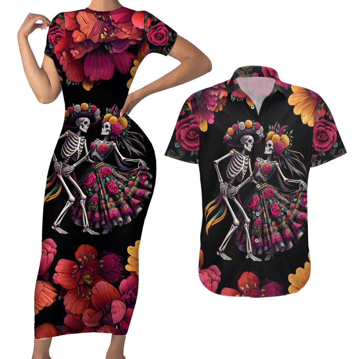 Day of Dead Couple Couples Matching Short Sleeve Bodycon Dress and Hawaiian Shirt Sugar Skull Couple Dancing - Wonder Print Shop