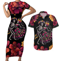 Day of Dead Couple Couples Matching Short Sleeve Bodycon Dress and Hawaiian Shirt Sugar Skull Couple Dancing - Wonder Print Shop