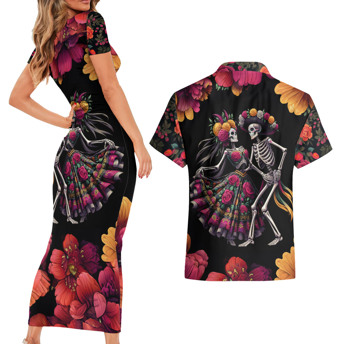 Day of Dead Couple Couples Matching Short Sleeve Bodycon Dress and Hawaiian Shirt Sugar Skull Couple Dancing - Wonder Print Shop