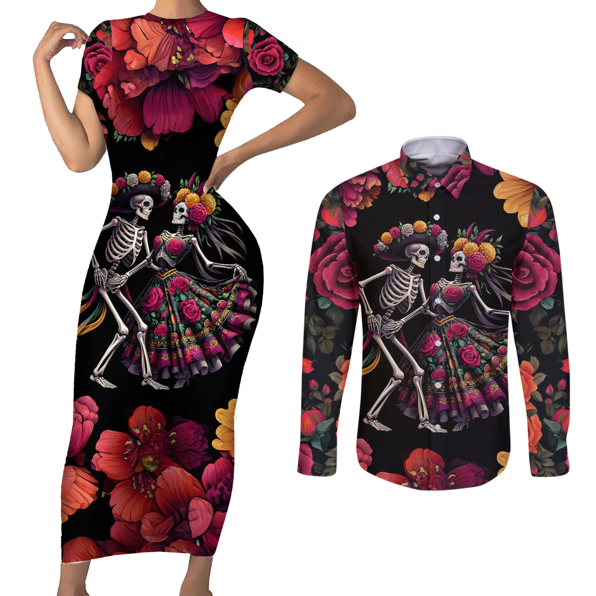 Day of Dead Couple Couples Matching Short Sleeve Bodycon Dress and Long Sleeve Button Shirt Sugar Skull Couple Dancing - Wonder Print Shop