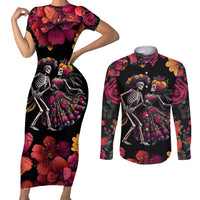 Day of Dead Couple Couples Matching Short Sleeve Bodycon Dress and Long Sleeve Button Shirt Sugar Skull Couple Dancing - Wonder Print Shop