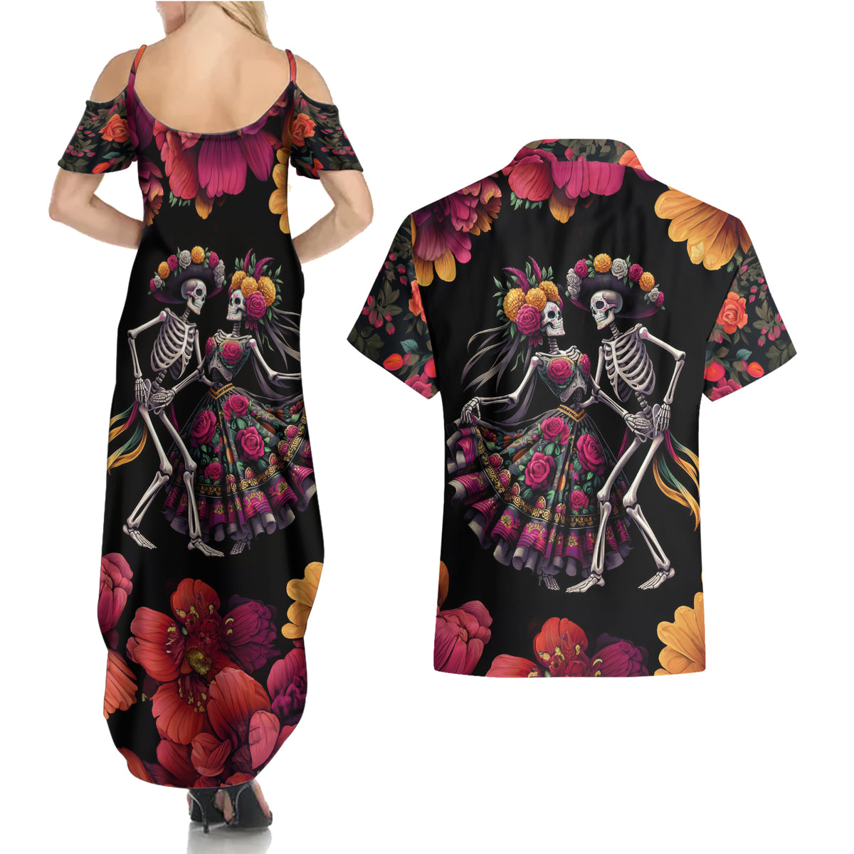 Day of Dead Couple Couples Matching Summer Maxi Dress and Hawaiian Shirt Sugar Skull Couple Dancing - Wonder Print Shop