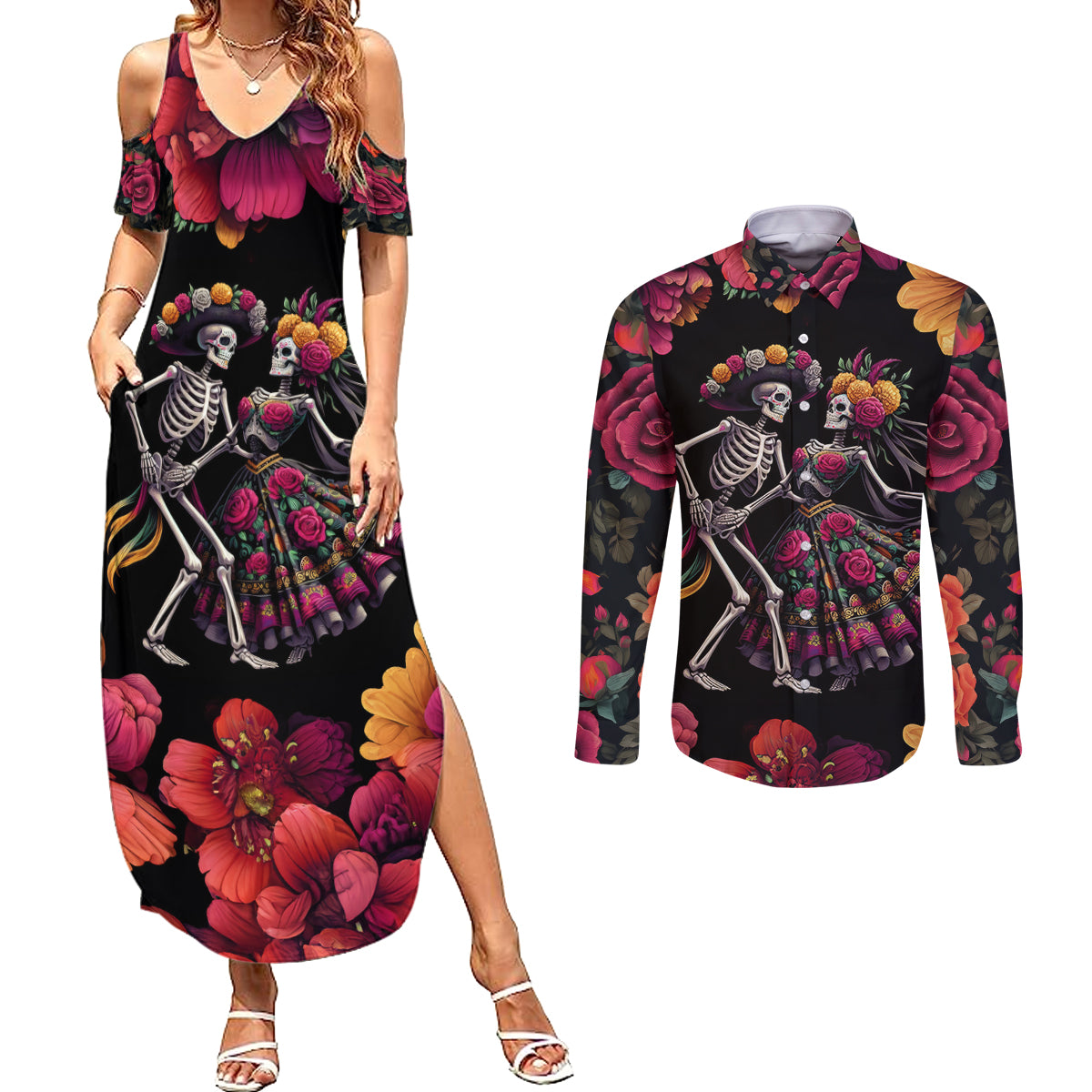 Day of Dead Couple Couples Matching Summer Maxi Dress and Long Sleeve Button Shirt Sugar Skull Couple Dancing - Wonder Print Shop