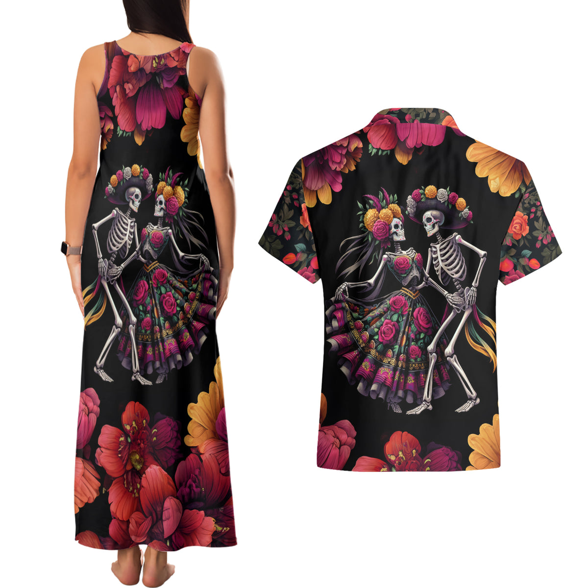 Day of Dead Couple Couples Matching Tank Maxi Dress and Hawaiian Shirt Sugar Skull Couple Dancing - Wonder Print Shop