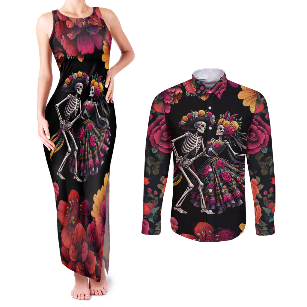 Day of Dead Couple Couples Matching Tank Maxi Dress and Long Sleeve Button Shirt Sugar Skull Couple Dancing - Wonder Print Shop