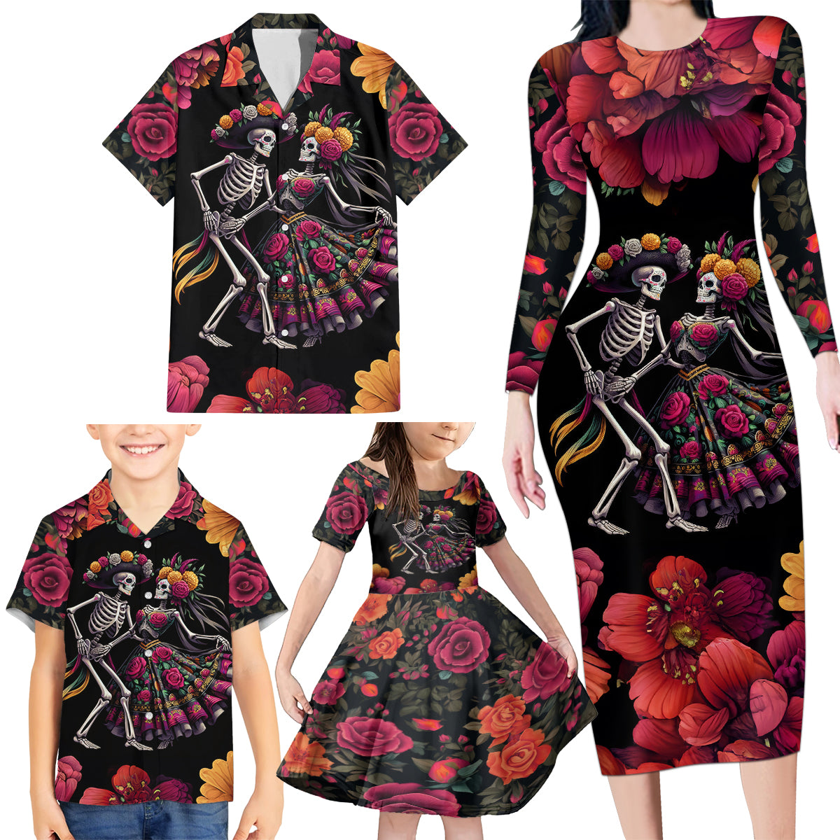 Day of Dead Couple Family Matching Long Sleeve Bodycon Dress and Hawaiian Shirt Sugar Skull Couple Dancing - Wonder Print Shop