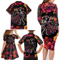 Day of Dead Couple Family Matching Long Sleeve Bodycon Dress and Hawaiian Shirt Sugar Skull Couple Dancing - Wonder Print Shop