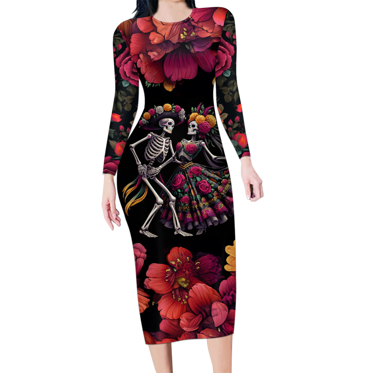 Day of Dead Couple Family Matching Long Sleeve Bodycon Dress and Hawaiian Shirt Sugar Skull Couple Dancing - Wonder Print Shop