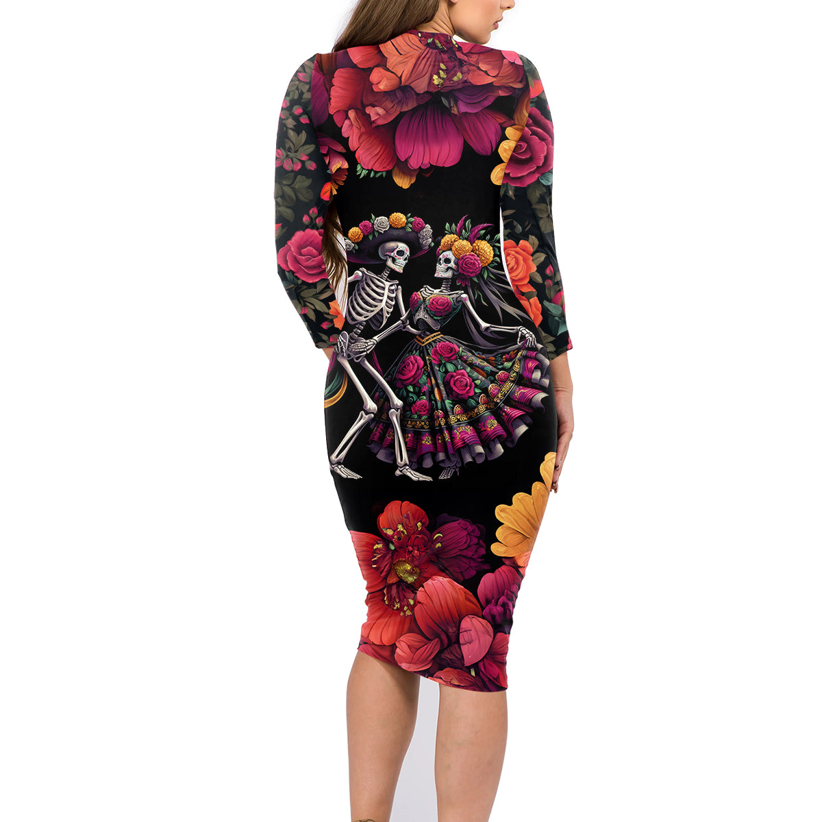 Day of Dead Couple Family Matching Long Sleeve Bodycon Dress and Hawaiian Shirt Sugar Skull Couple Dancing - Wonder Print Shop