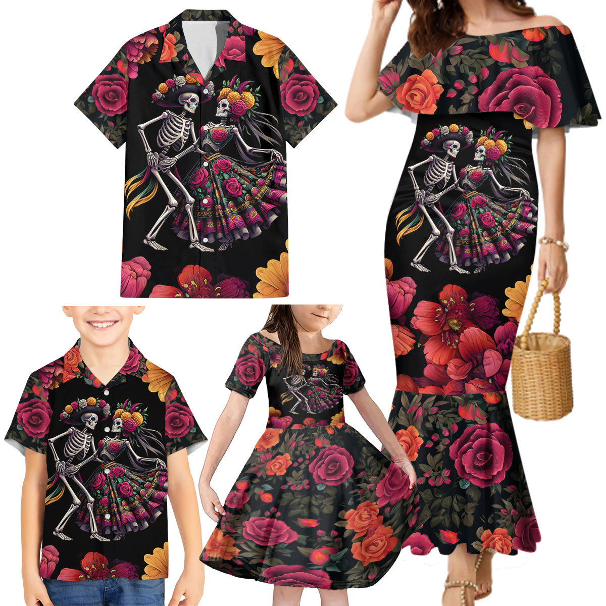 Day of Dead Couple Family Matching Mermaid Dress and Hawaiian Shirt Sugar Skull Couple Dancing - Wonder Print Shop