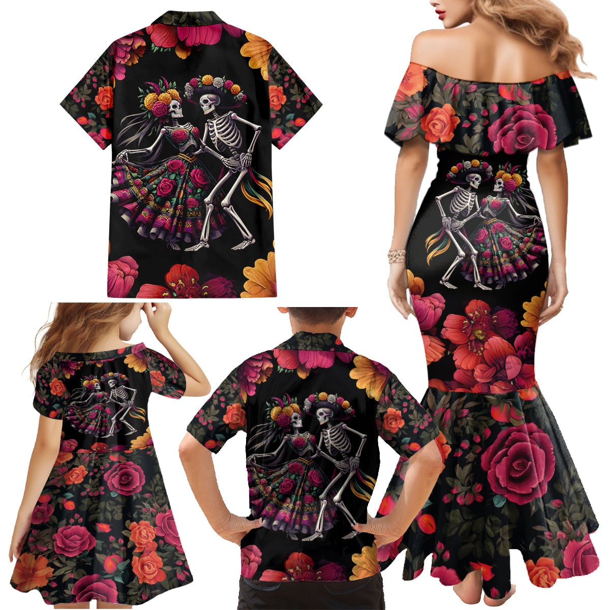 Day of Dead Couple Family Matching Mermaid Dress and Hawaiian Shirt Sugar Skull Couple Dancing - Wonder Print Shop