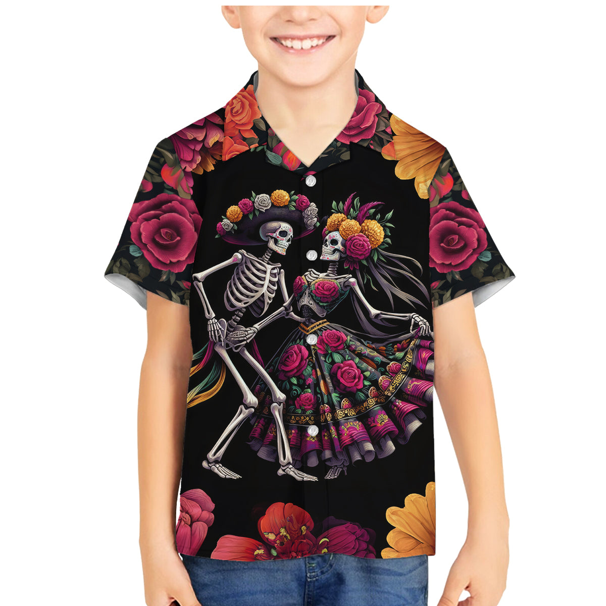 Day of Dead Couple Family Matching Mermaid Dress and Hawaiian Shirt Sugar Skull Couple Dancing - Wonder Print Shop