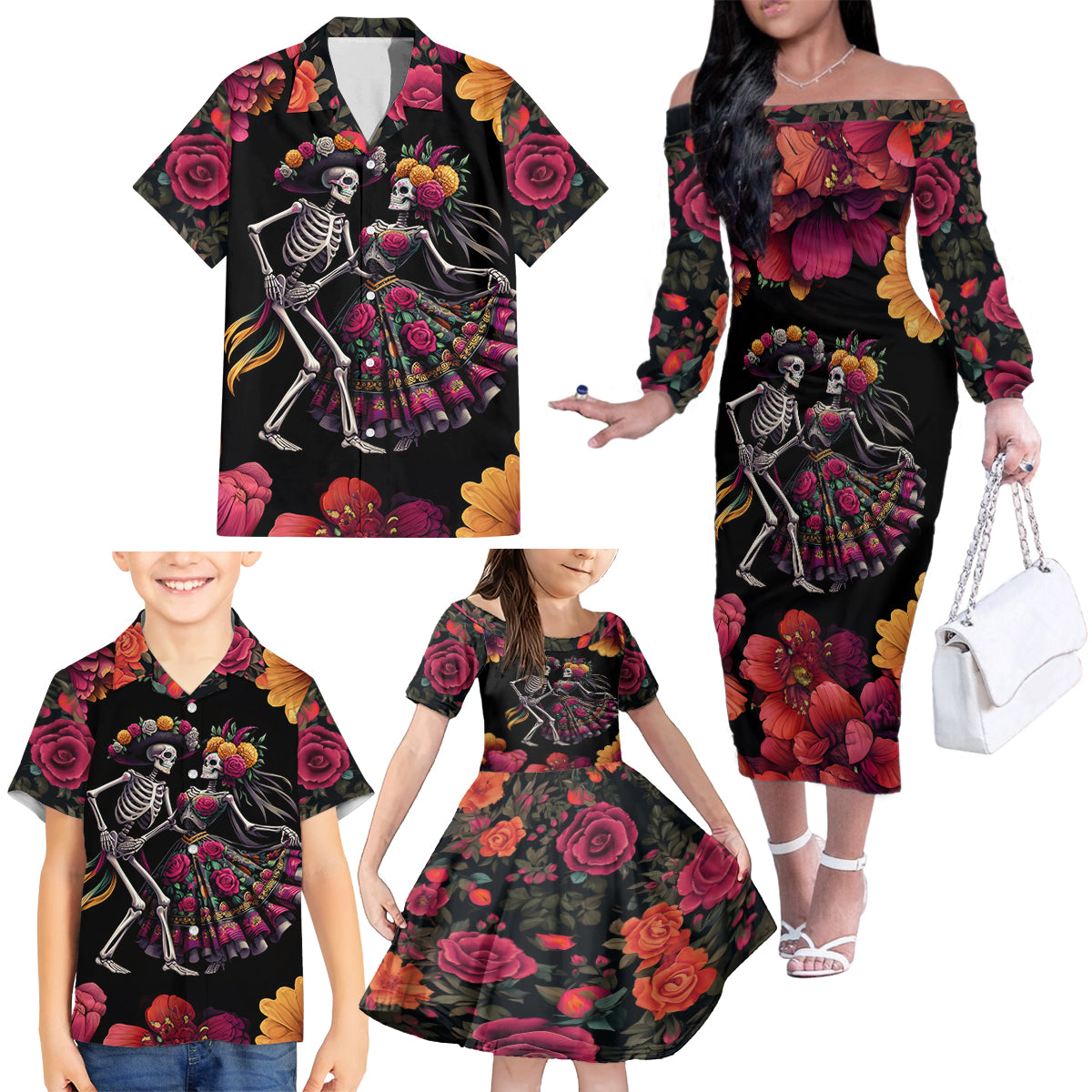 Day of Dead Couple Family Matching Off Shoulder Long Sleeve Dress and Hawaiian Shirt Sugar Skull Couple Dancing - Wonder Print Shop
