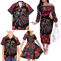 Day of Dead Couple Family Matching Off Shoulder Long Sleeve Dress and Hawaiian Shirt Sugar Skull Couple Dancing - Wonder Print Shop