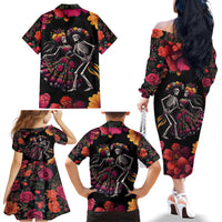 Day of Dead Couple Family Matching Off Shoulder Long Sleeve Dress and Hawaiian Shirt Sugar Skull Couple Dancing - Wonder Print Shop