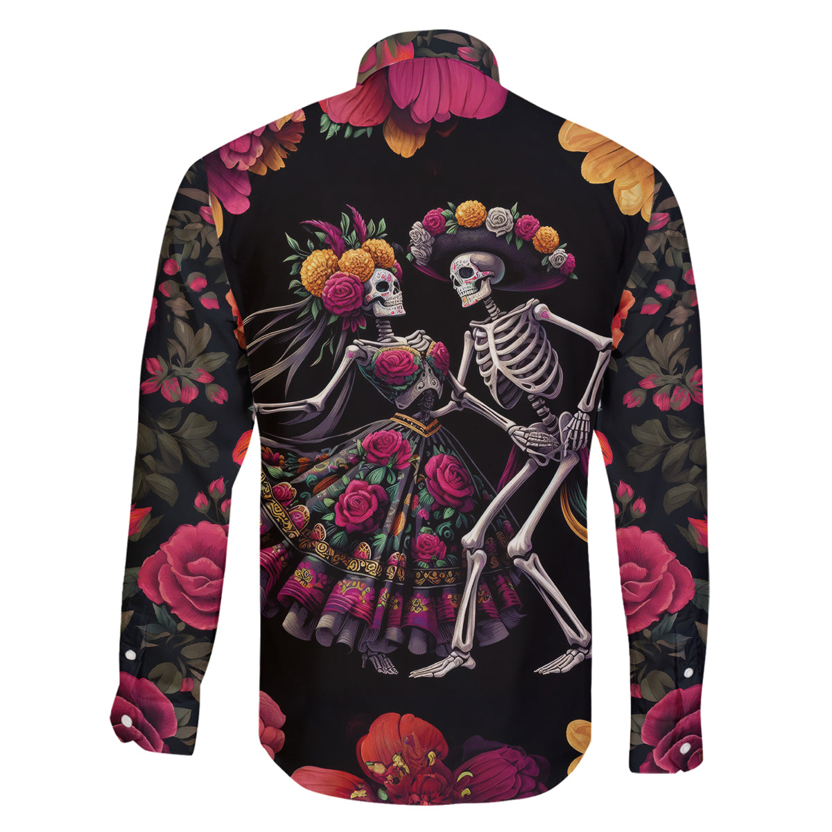 Day of Dead Couple Family Matching Off Shoulder Long Sleeve Dress and Hawaiian Shirt Sugar Skull Couple Dancing - Wonder Print Shop