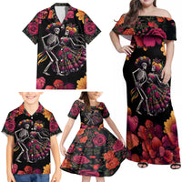Day of Dead Couple Family Matching Off Shoulder Maxi Dress and Hawaiian Shirt Sugar Skull Couple Dancing - Wonder Print Shop