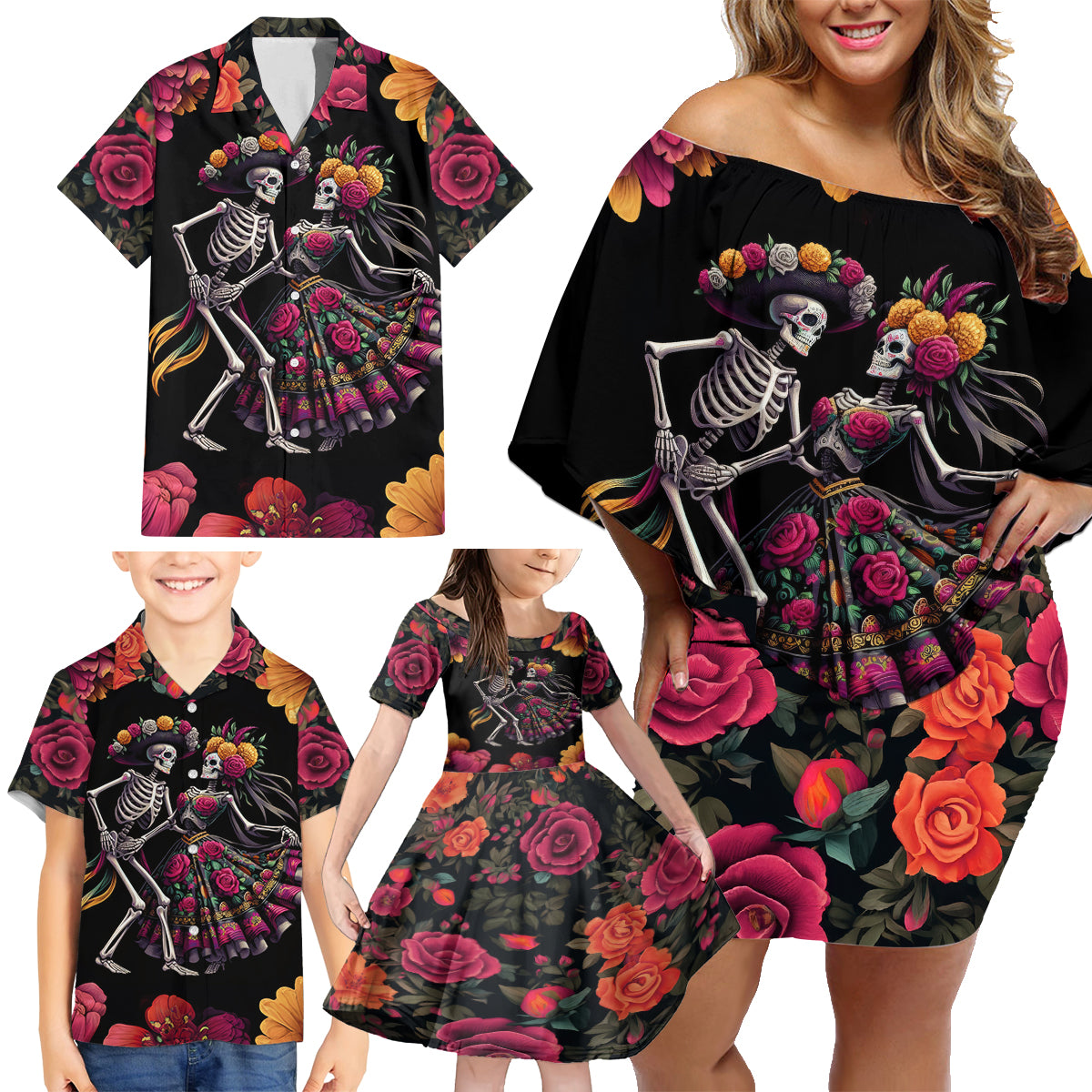 Day of Dead Couple Family Matching Off Shoulder Short Dress and Hawaiian Shirt Sugar Skull Couple Dancing - Wonder Print Shop