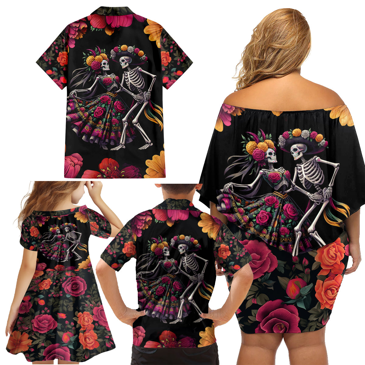 Day of Dead Couple Family Matching Off Shoulder Short Dress and Hawaiian Shirt Sugar Skull Couple Dancing - Wonder Print Shop