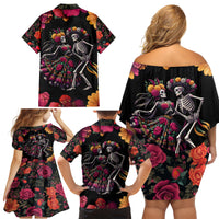 Day of Dead Couple Family Matching Off Shoulder Short Dress and Hawaiian Shirt Sugar Skull Couple Dancing - Wonder Print Shop
