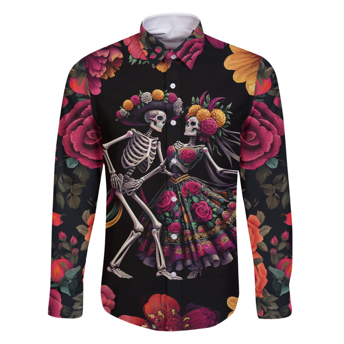 Day of Dead Couple Family Matching Off Shoulder Short Dress and Hawaiian Shirt Sugar Skull Couple Dancing - Wonder Print Shop