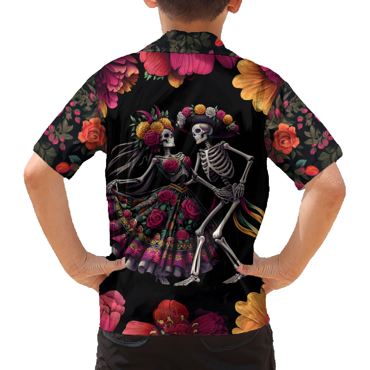 Day of Dead Couple Family Matching Puletasi Dress and Hawaiian Shirt Sugar Skull Couple Dancing - Wonder Print Shop