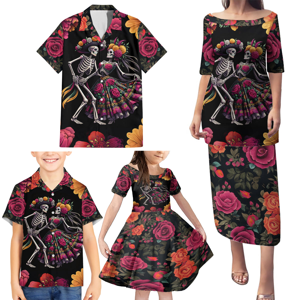 Day of Dead Couple Family Matching Puletasi Dress and Hawaiian Shirt Sugar Skull Couple Dancing - Wonder Print Shop