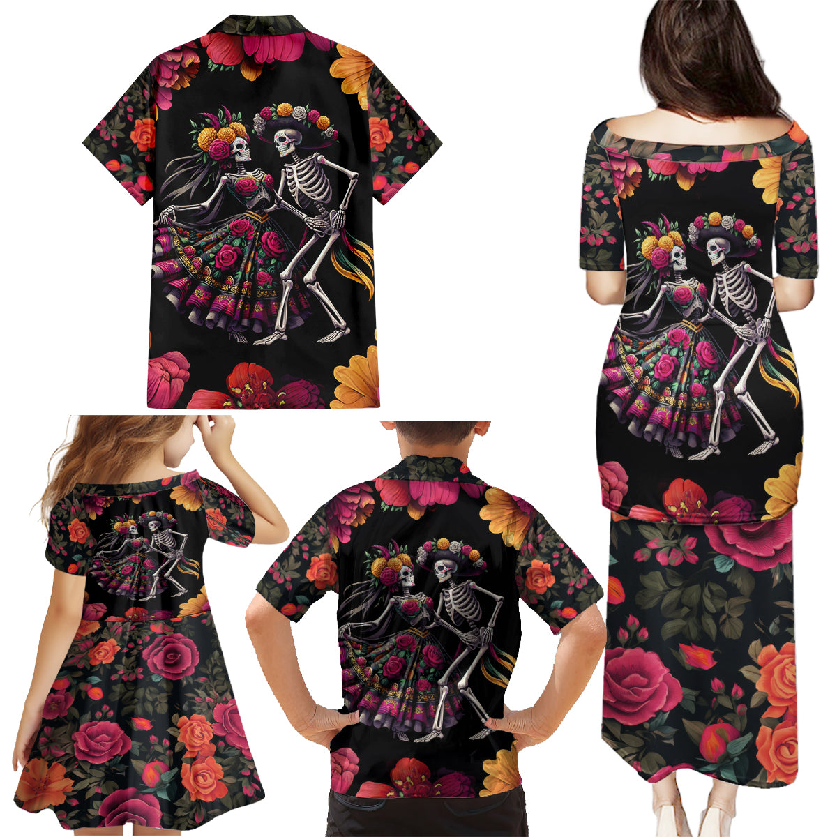 Day of Dead Couple Family Matching Puletasi Dress and Hawaiian Shirt Sugar Skull Couple Dancing - Wonder Print Shop