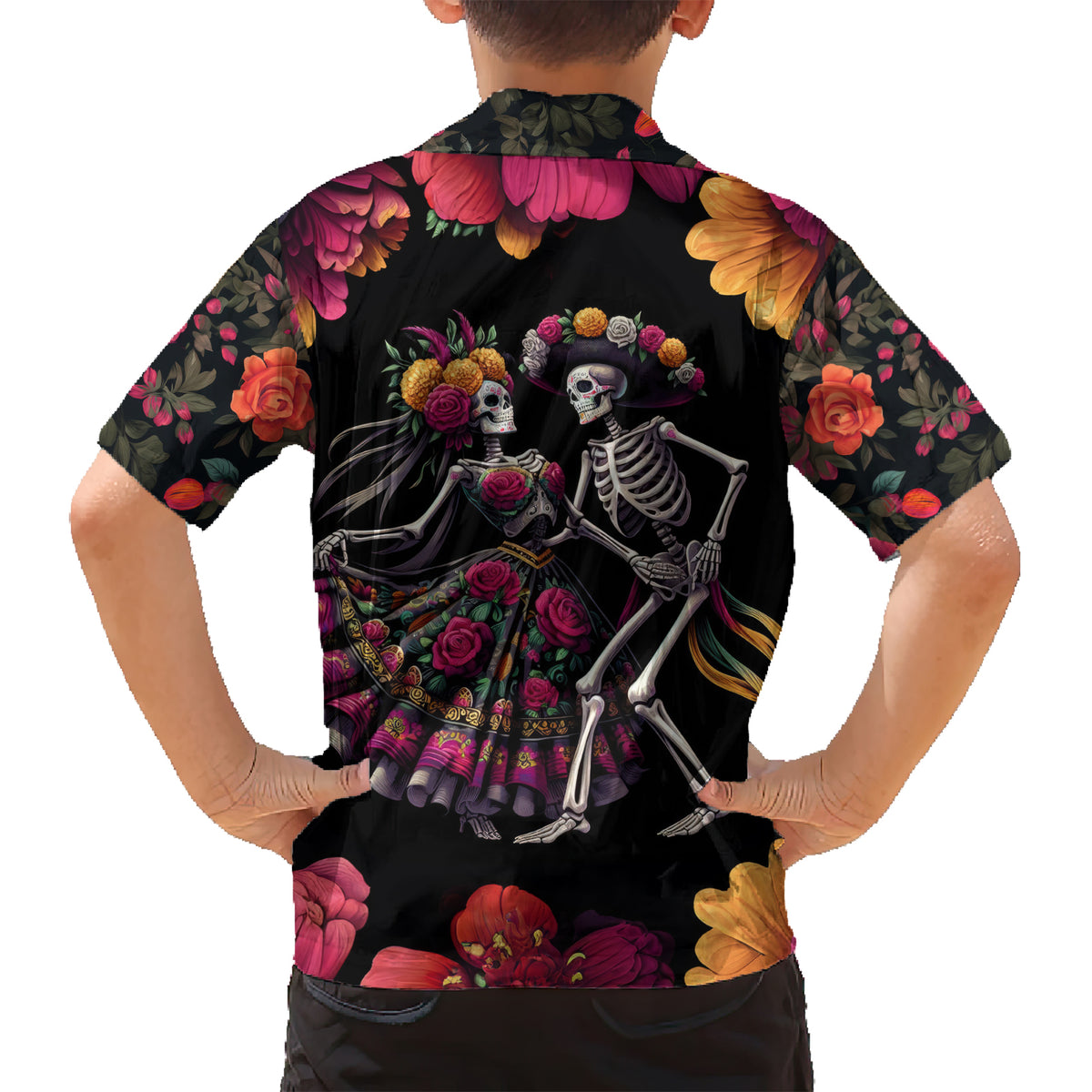 Day of Dead Couple Family Matching Short Sleeve Bodycon Dress and Hawaiian Shirt Sugar Skull Couple Dancing - Wonder Print Shop