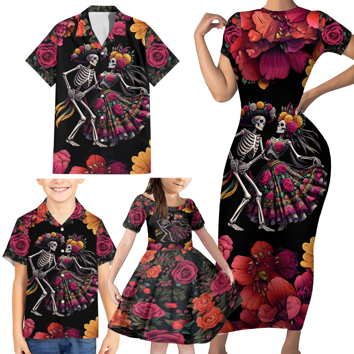 Day of Dead Couple Family Matching Short Sleeve Bodycon Dress and Hawaiian Shirt Sugar Skull Couple Dancing - Wonder Print Shop