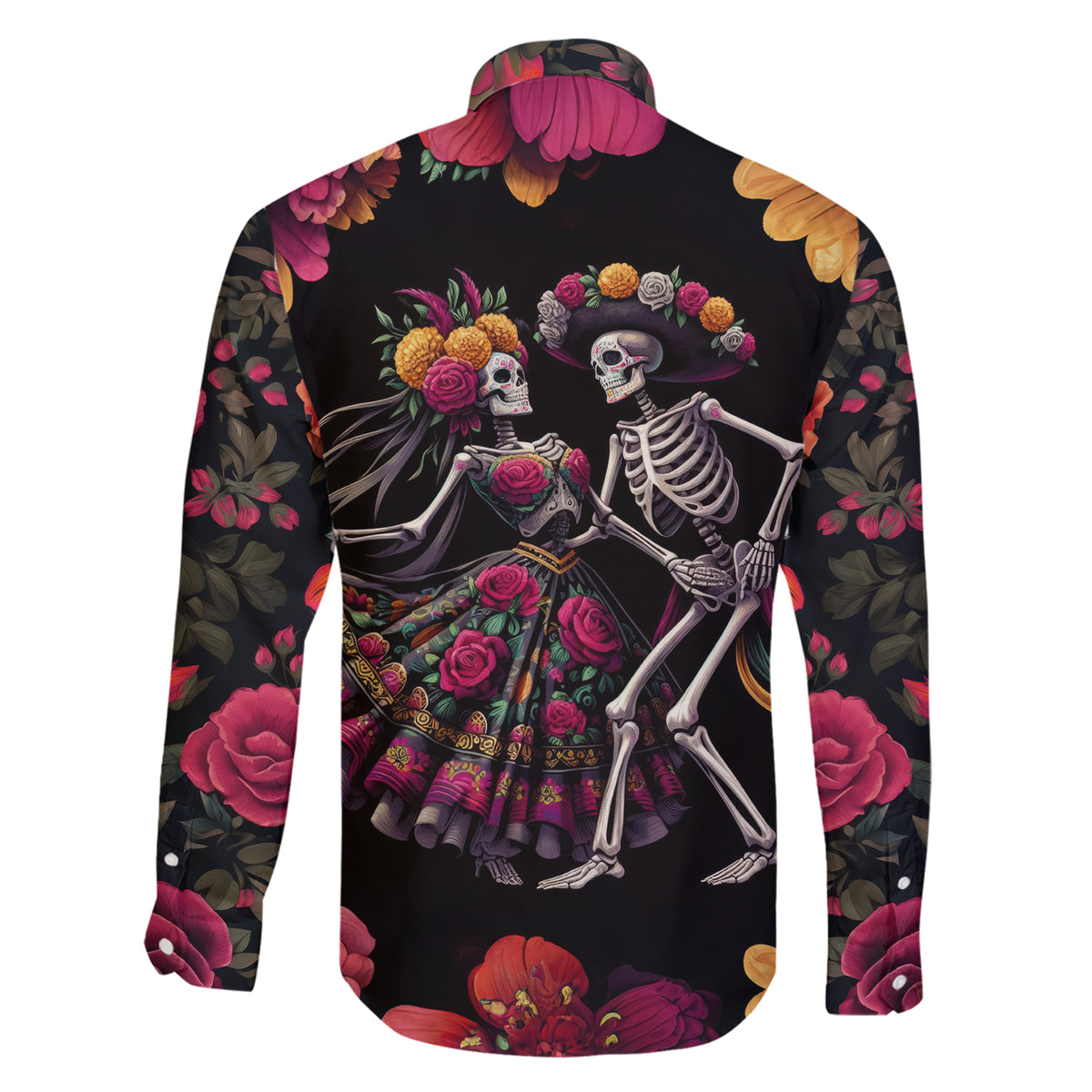 Day of Dead Couple Family Matching Short Sleeve Bodycon Dress and Hawaiian Shirt Sugar Skull Couple Dancing - Wonder Print Shop