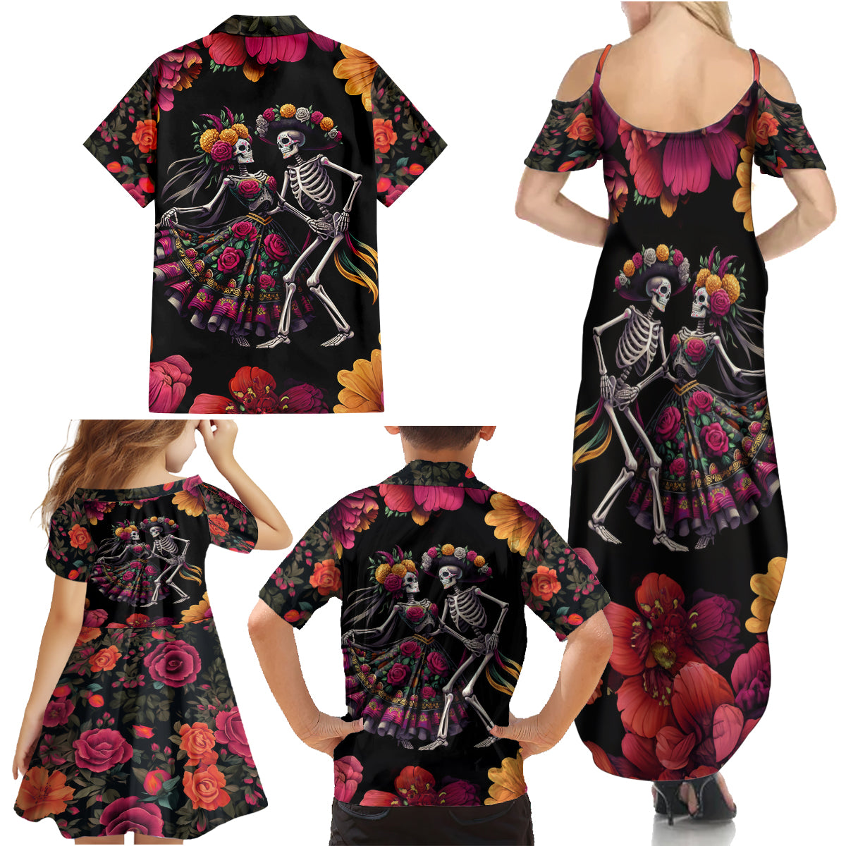 Day of Dead Couple Family Matching Summer Maxi Dress and Hawaiian Shirt Sugar Skull Couple Dancing - Wonder Print Shop