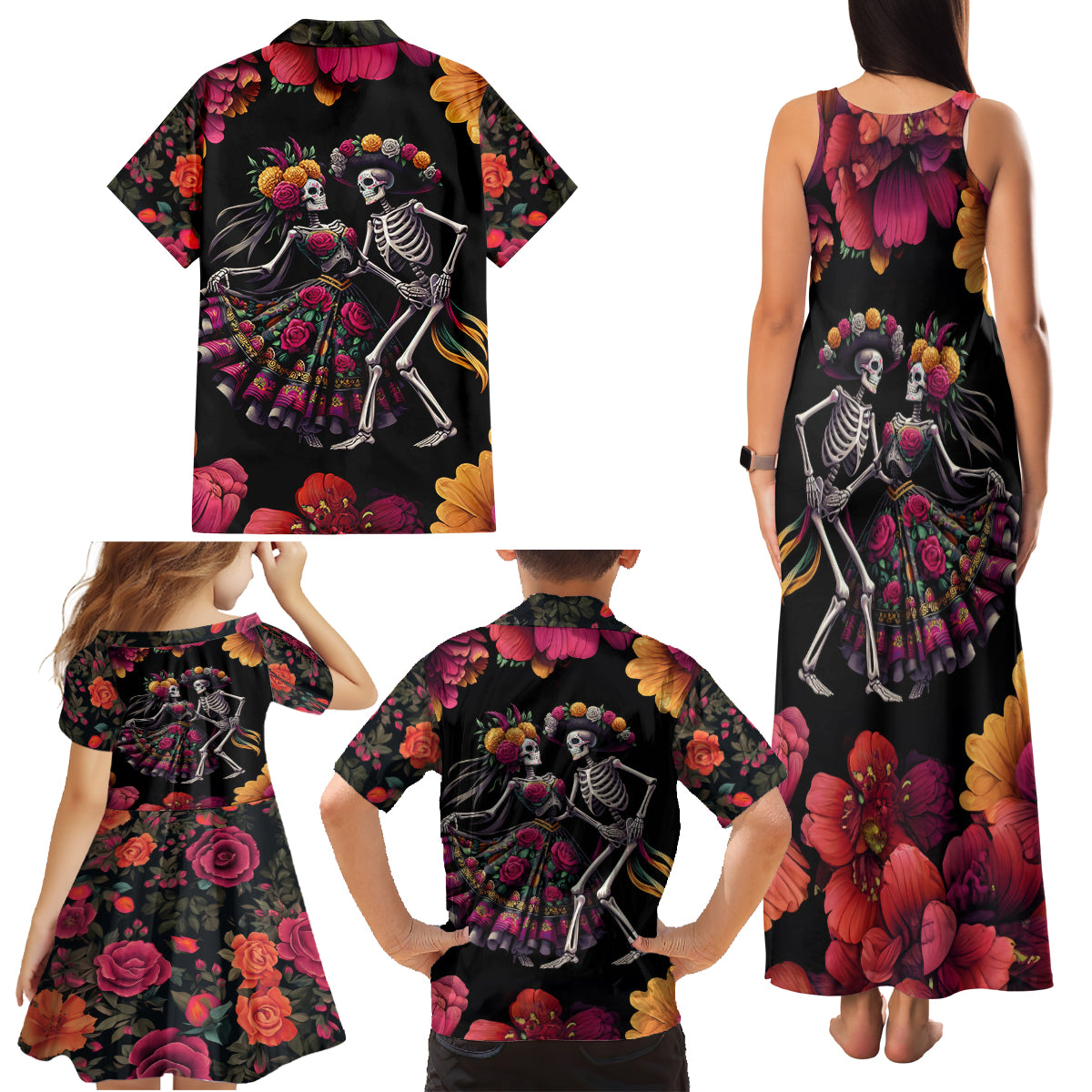 Day of Dead Couple Family Matching Tank Maxi Dress and Hawaiian Shirt Sugar Skull Couple Dancing - Wonder Print Shop