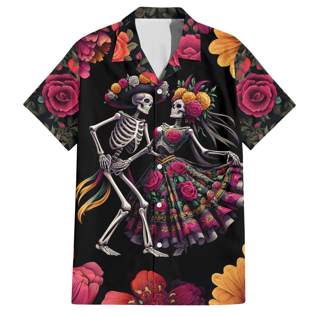 Day of Dead Couple Family Matching Tank Maxi Dress and Hawaiian Shirt Sugar Skull Couple Dancing - Wonder Print Shop