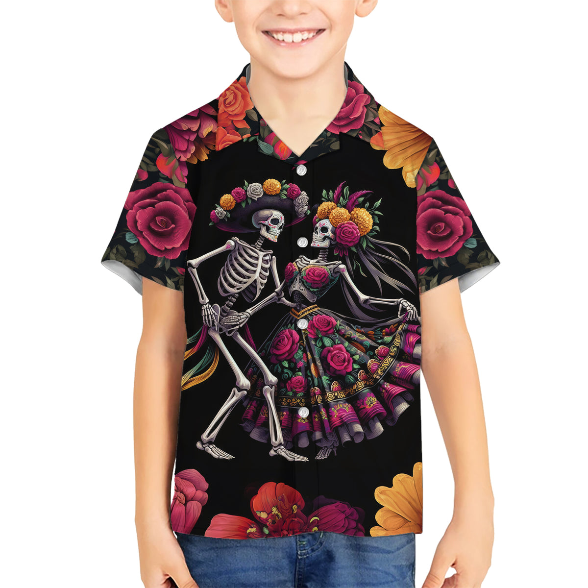 Day of Dead Couple Kid Hawaiian Shirt Sugar Skull Couple Dancing - Wonder Print Shop