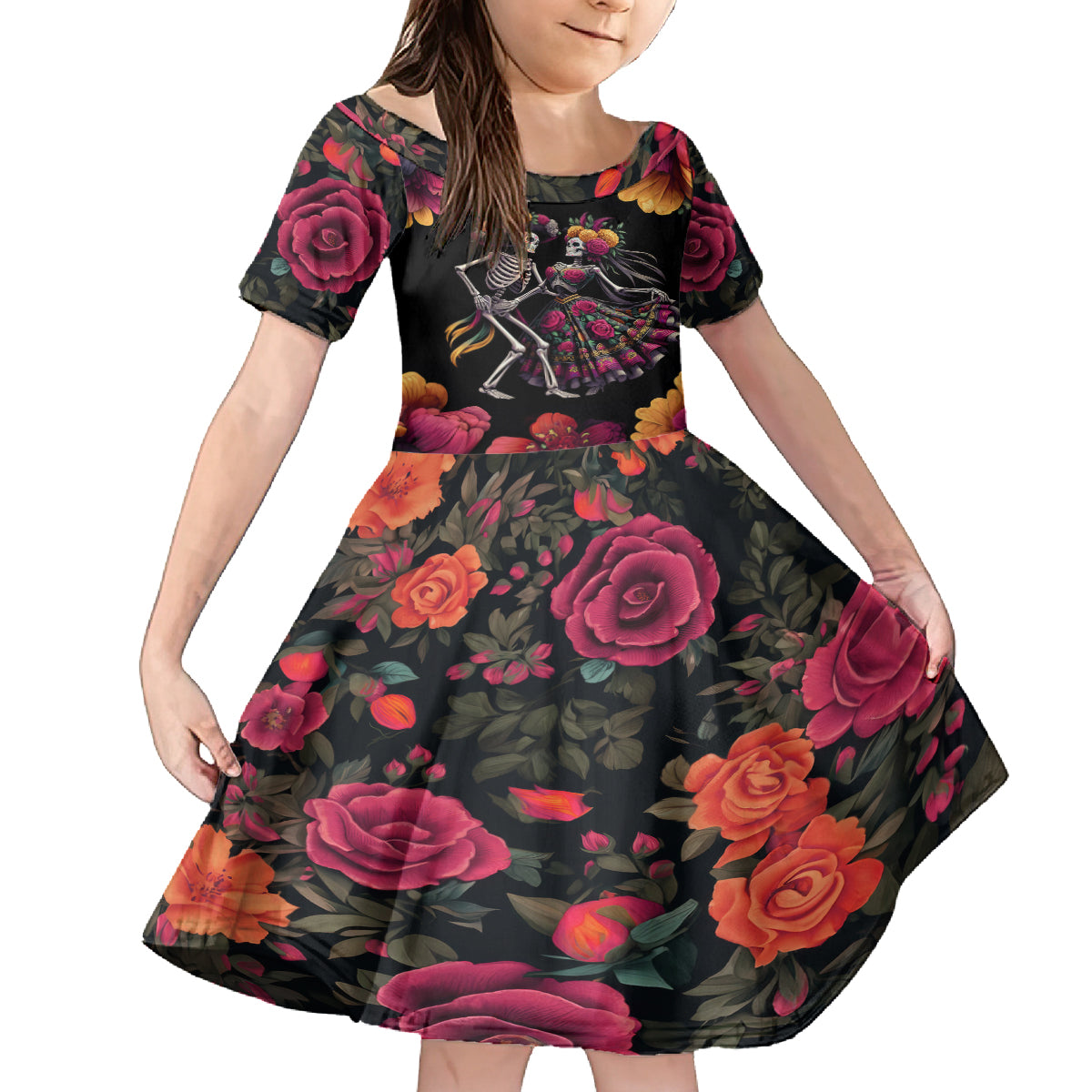Day of Dead Couple Kid Short Sleeve Dress Sugar Skull Couple Dancing - Wonder Print Shop
