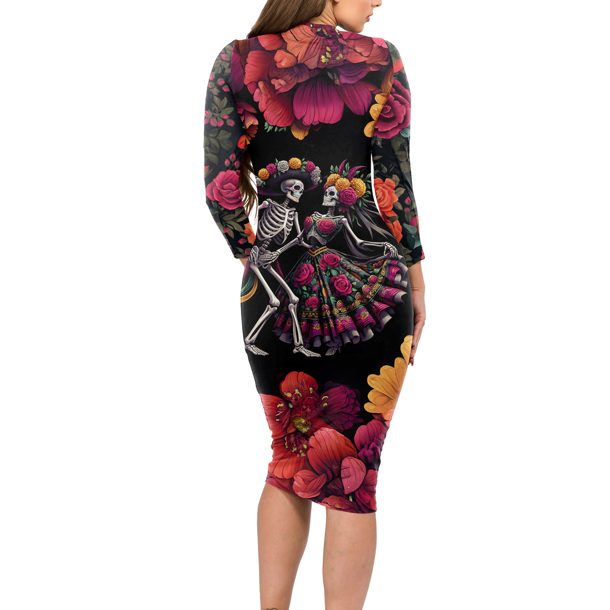 Day of Dead Couple Long Sleeve Bodycon Dress Sugar Skull Couple Dancing - Wonder Print Shop