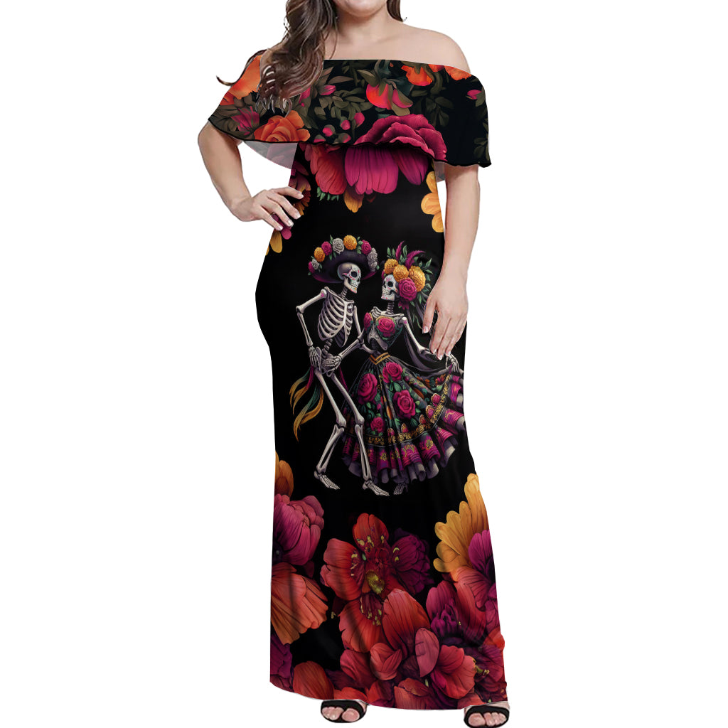 Day of Dead Couple Off Shoulder Maxi Dress Sugar Skull Couple Dancing - Wonder Print Shop
