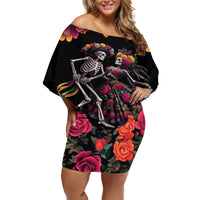 Day of Dead Couple Off Shoulder Short Dress Sugar Skull Couple Dancing - Wonder Print Shop